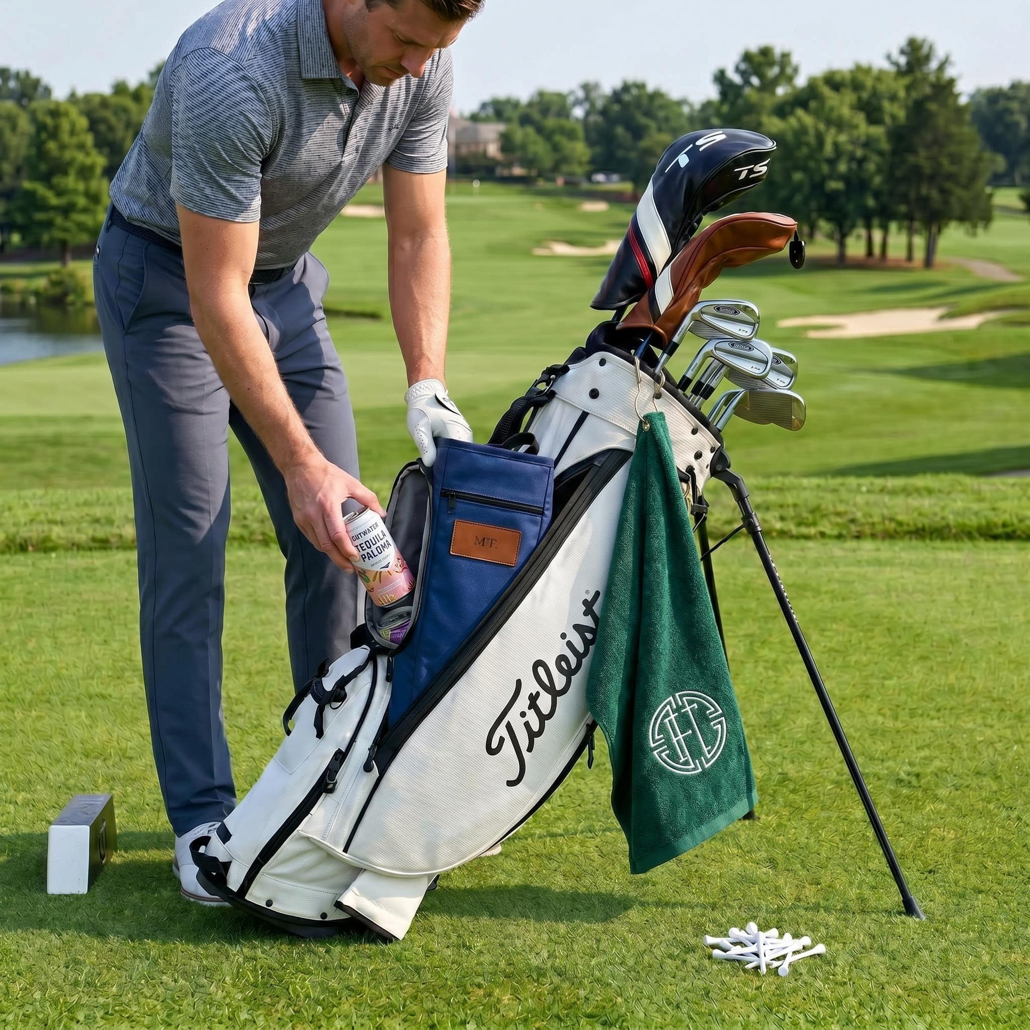 man using the personalized golf insulated bag cooler with drinks