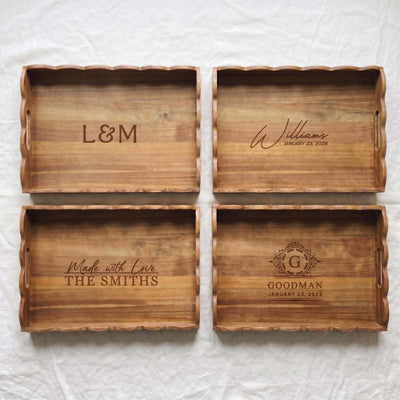 Custom Scalloped Acacia Wooden Serving Tray - 18 x 12 in