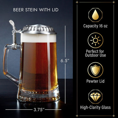 German Custom Beer Stein with Pewter Crest and Lid