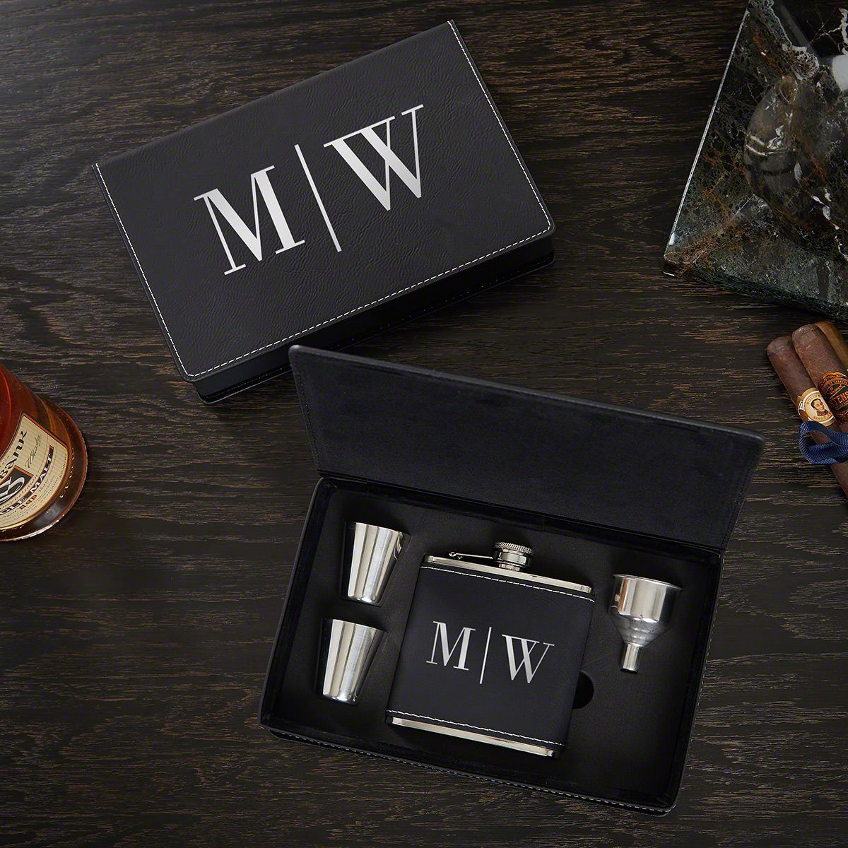 Leather Wrapped Flask Gift Set
