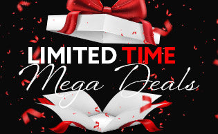 Text reading “LIMITED TIME Mega Deals” with a white gift box and red ribbon on a black background with red confetti.