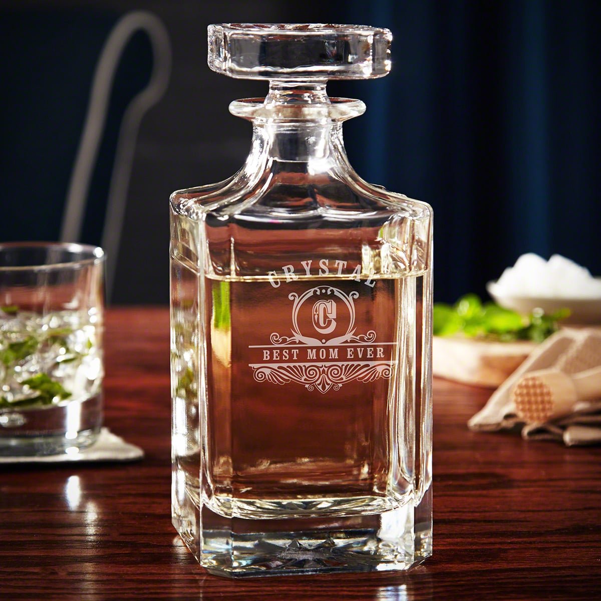 Monogram Presentation Set with Whiskey Decanter & Glasses - Bar Serving Tray & Display Set