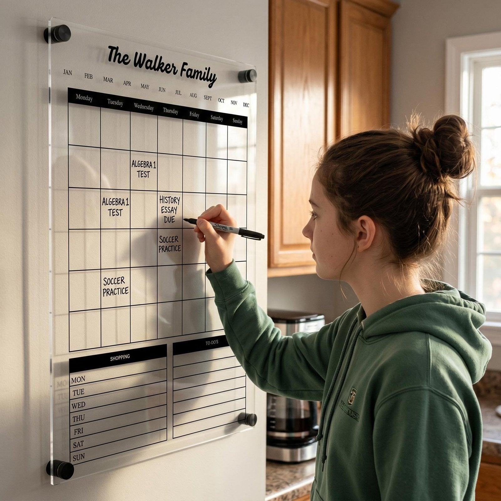 Teen girl writing school activities on the acrylic family wall calendar