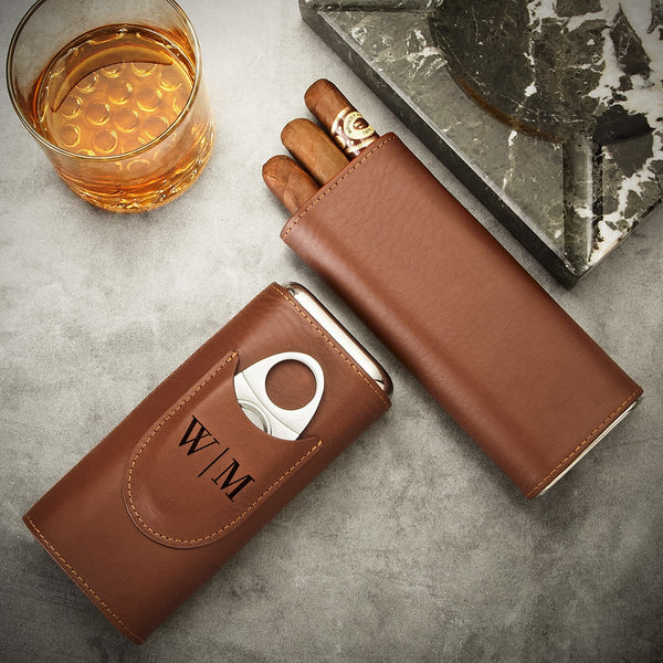 Richmond Custom Leather Cigar Travel Case - Cedar Lined Travel Cigar Holder Brown