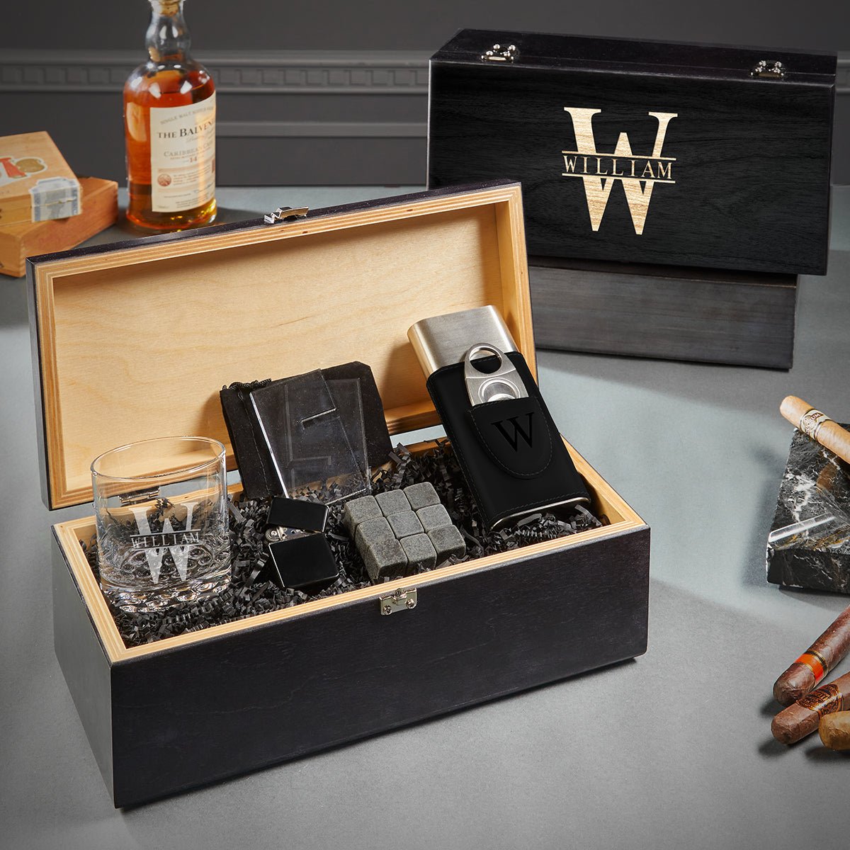 Ultra Rare Edition Custom Whiskey Glasses and Cigar Gift Set - 7pc Ebony Black Boxed