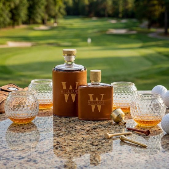Whiskey Decanter & Flask with Golf Ball Glasses in a golf course setting as whiskey gifts