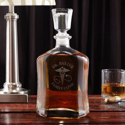 Caduceus Engraved Set of Whiskey Gifts for Doctors - Med School Graduation Decanter and Glasses