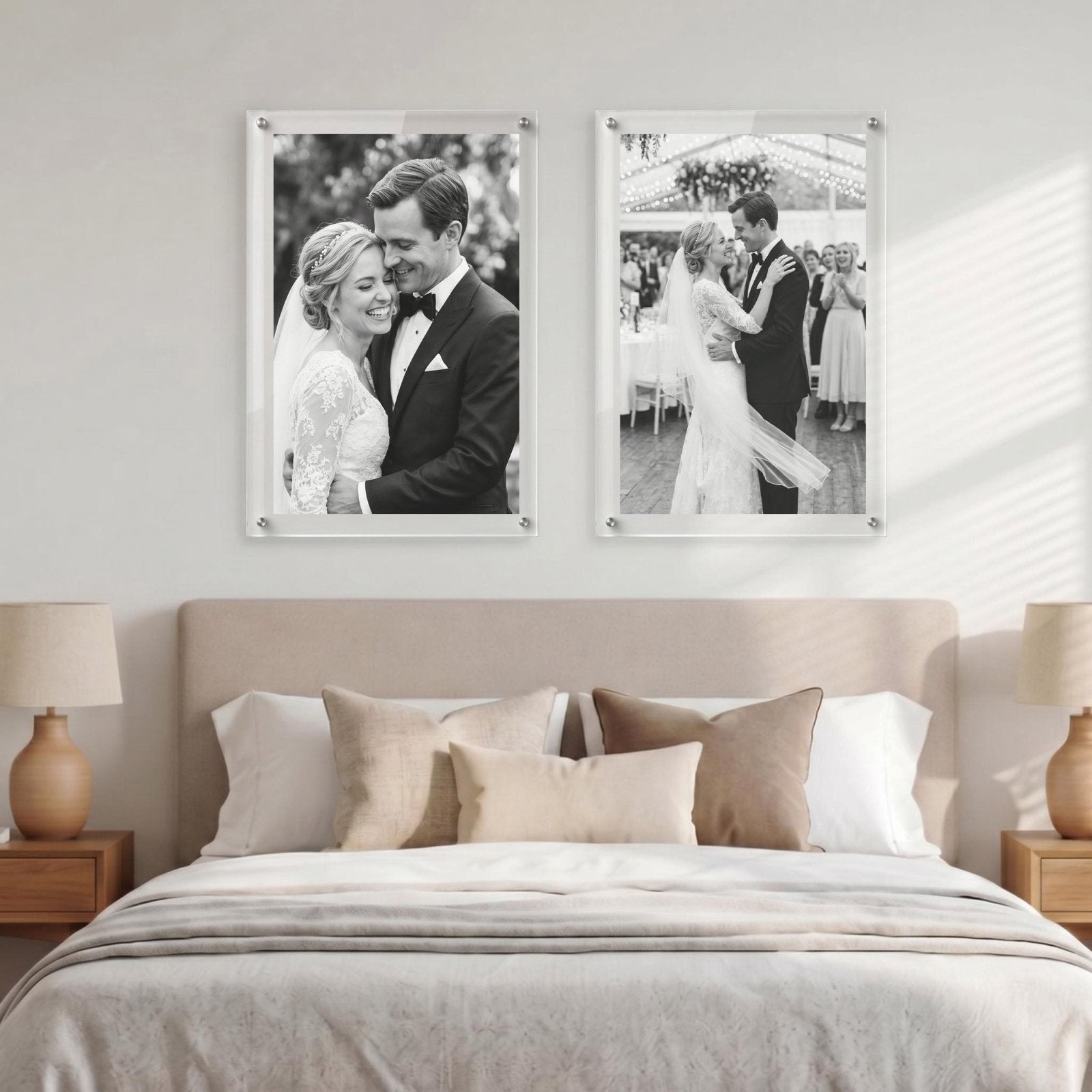 Two acrylic photo prints with black and white wedding portraits
