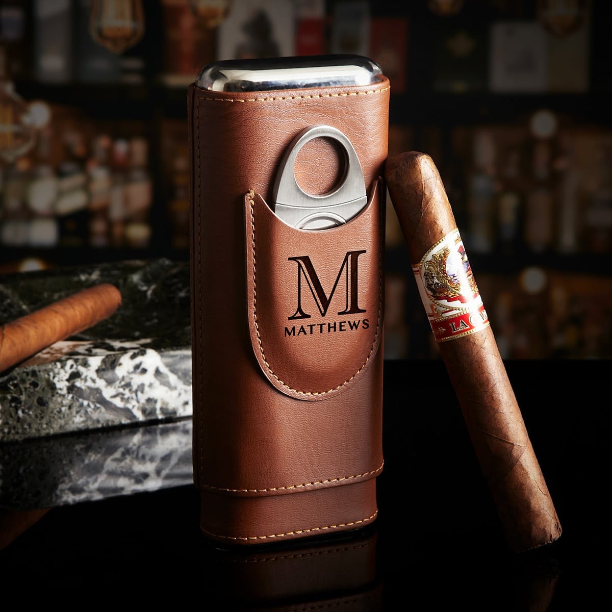 Custom Oxley Cigar Glass and Cedar - Lined Cigar Case, Brown Leather