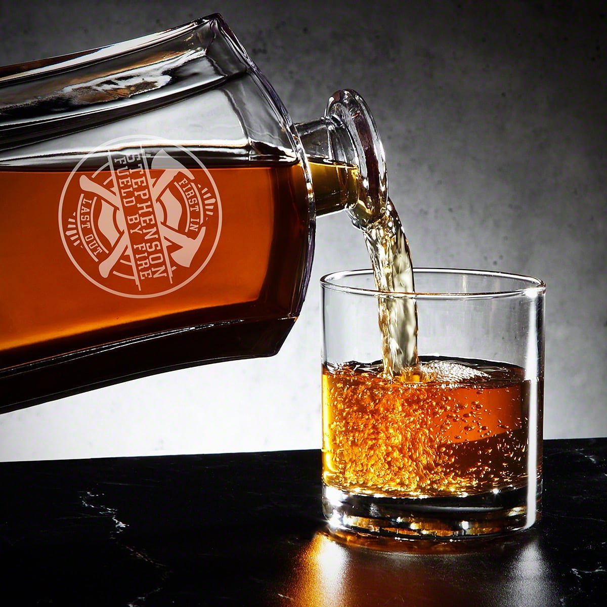 Engraved Firefighter Liquor Decanter Set with Whiskey Glasses - Handcrafted Box