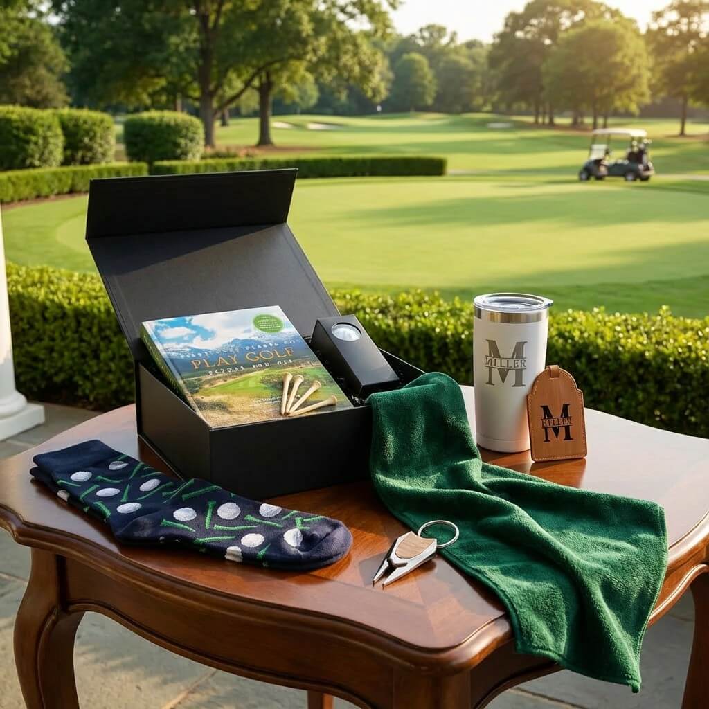 Golf gift set on a wooden table with a book, tees, towel, socks, tumbler, and divot tool; course in background