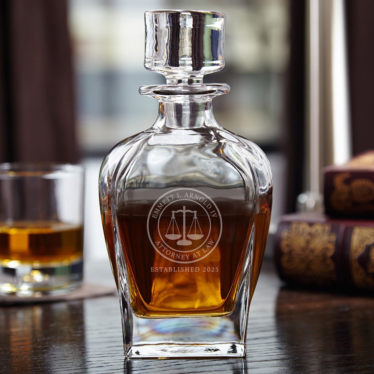 Lawyer Presentation Set with Custom Whiskey Decanter and Glasses - Bar Serving Tray & Lawyer Graduation Gift