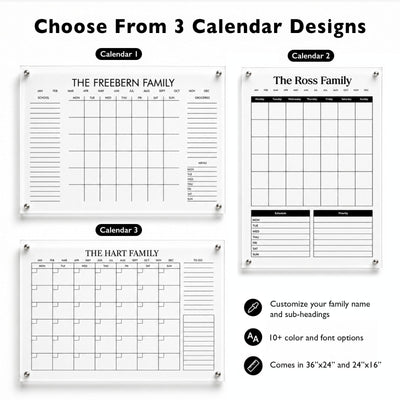 Three personalized acrylic family wall calendar design options